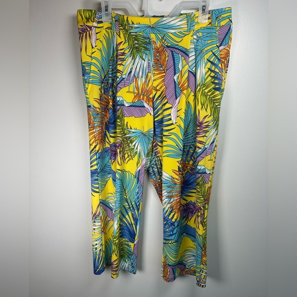 Soho Apparel Pants - Soho Apparel Yellow and Blue Cropped Pants with Tropical Print Resort wear Large